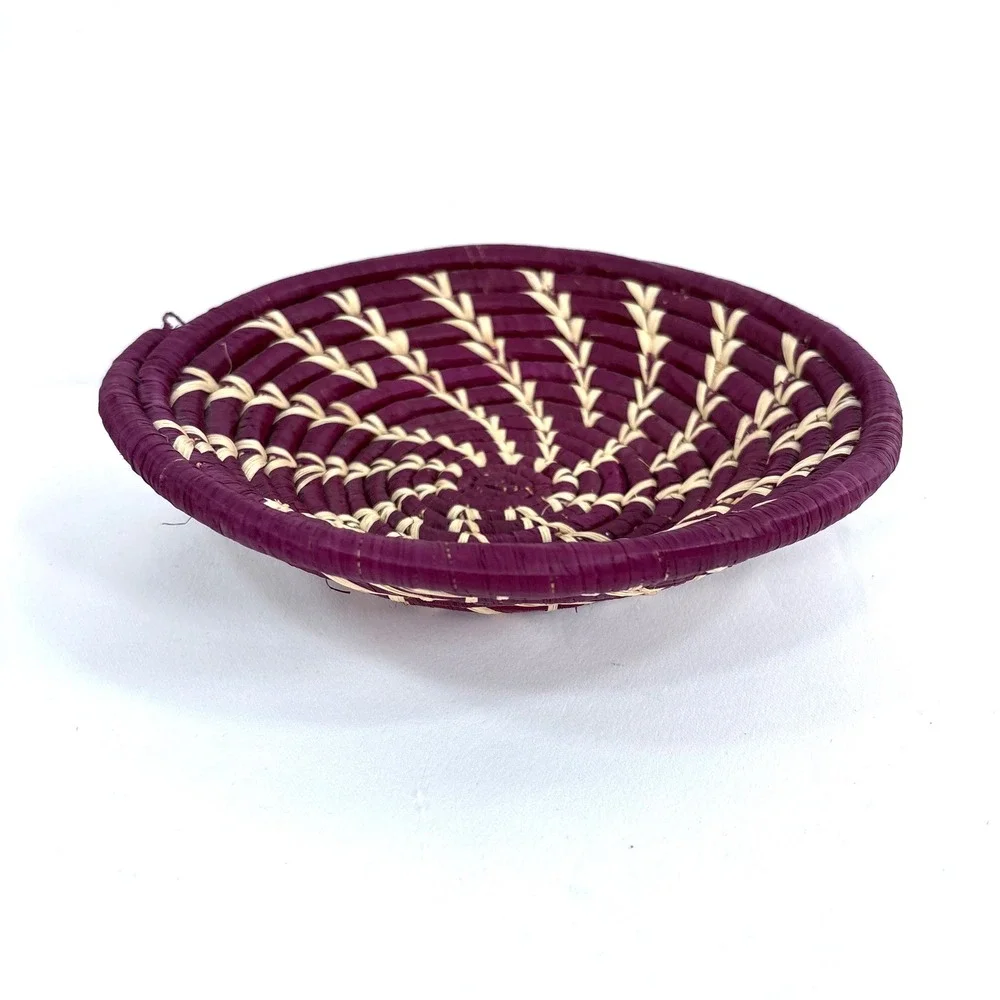 Handmade Woven Basket Bowl Purple Natural Raffia Spiral Wall Decor 8 Inch